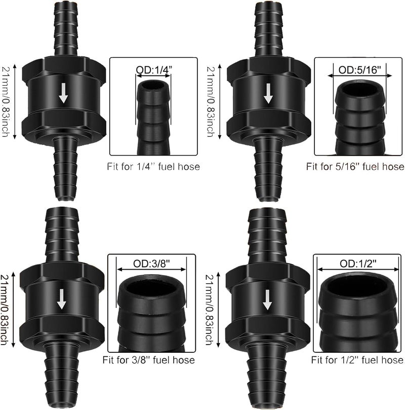Baieasy 4 Pcs 1/4'' 5/16'' 3/8'' 1/2'' Fuel Non Return Inline One Way Check Valve for Fuel Line Oil Petrol Diesel Gasoline Water Aluminium Alloy (Black) - Image 4